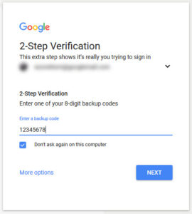 Google 2-Step Verification backup code form