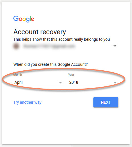 Google Account Recovery - type the date you created your account