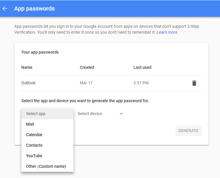 Google App Passwords settings