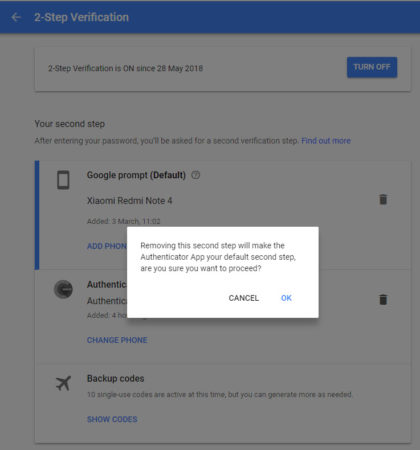 Google Two-Step Verisification delete google prompt
