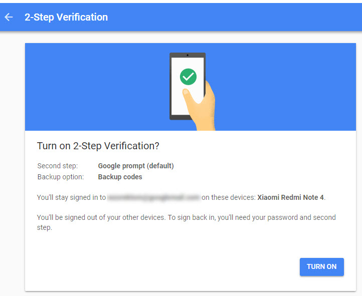 Google two-step verification final setup