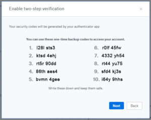 Dropbox security two-step verification - backup codes