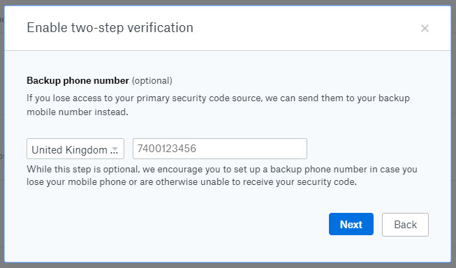 Dropbox security two-step verification - backup phone