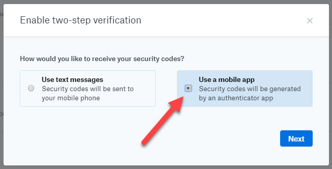 Dropbox security two-step verification - use a mobile app