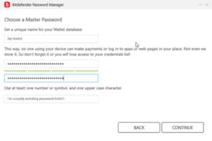 Master password setup in Bitdefender Wallet