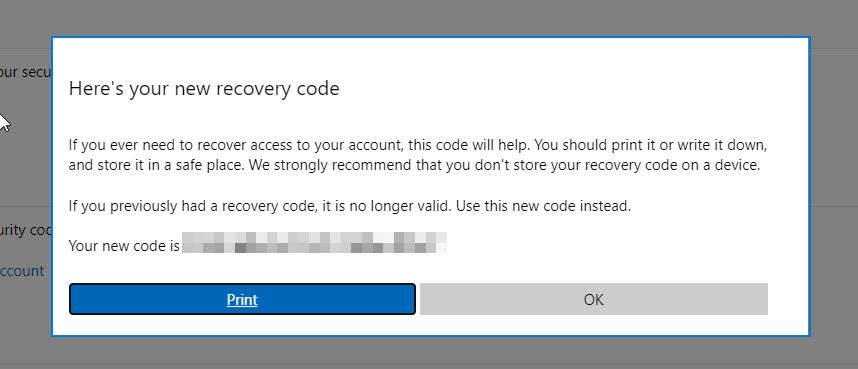 Microsoft Account - New Recovery Code