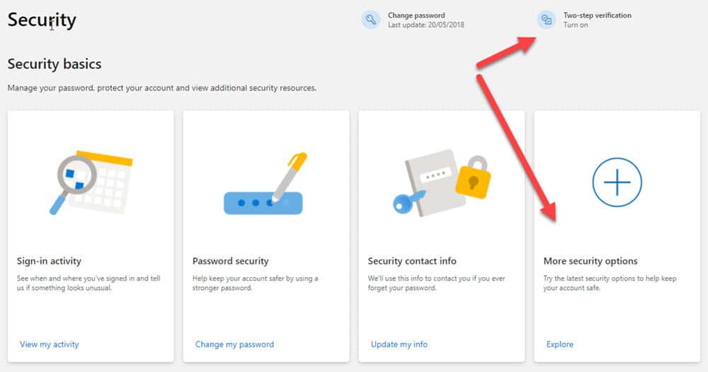 Microsoft Account Security Basics options