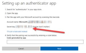 Microsoft Account – setting up Authenticator app Secret Key