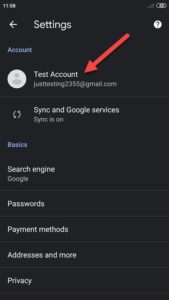 Chrome account settings on Android device