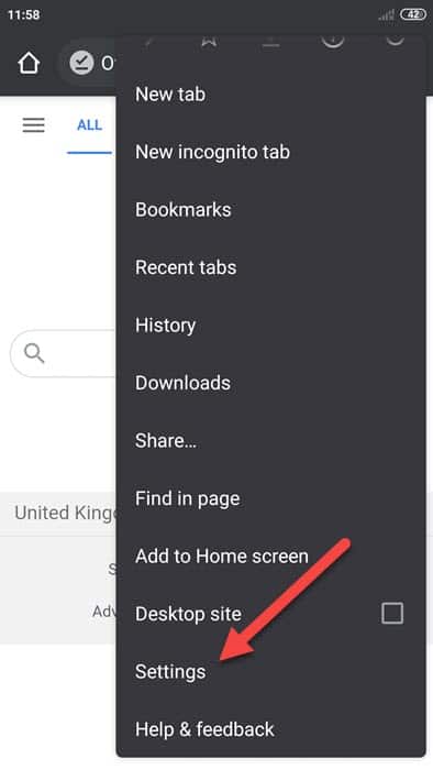 Chrome browser menu options on Android