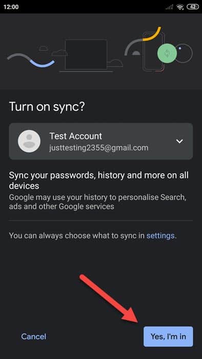 Chrome turn on synchronization