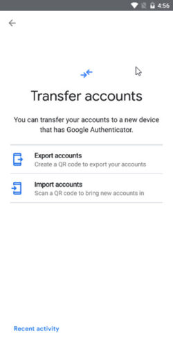 Screenshot of Google Authenticator Transfer Account option