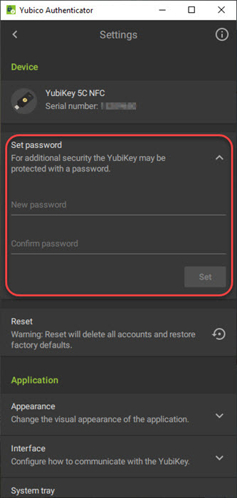 Screenshot of Yubico Authenticator Set Password option