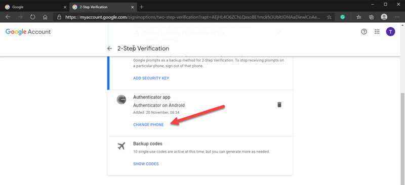 Image showing how to change phone in Google account under Authenticator app.