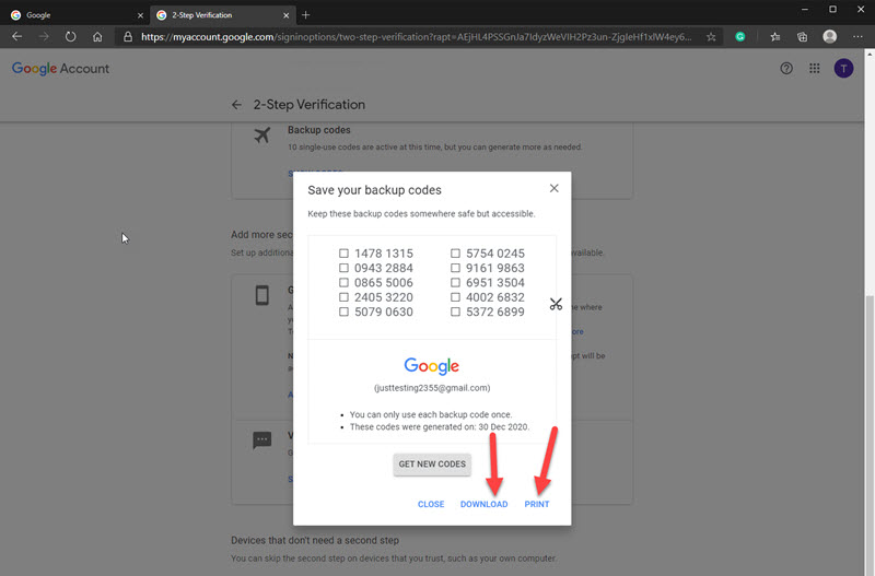 Image showing Google Backup Codes and how to print them.
