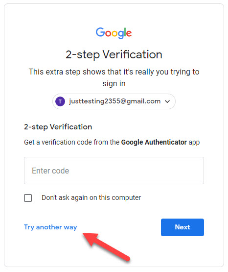 Google account 2-step verification try another way to sign in option