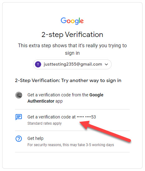 2-Step Verification window for Google account