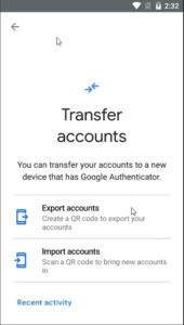 Selecting Export Accounts in Google Authenticator app