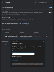 Image showing Chrome browser password manager and Windows Security prompt to expose saved passwords