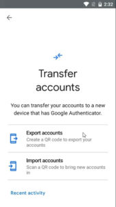 Export Accounts option in Google Authenticator
