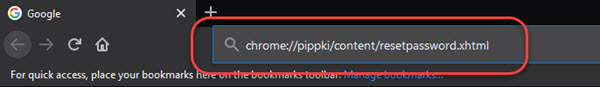 Image showing Firefox Primary Password reset command in the address bar