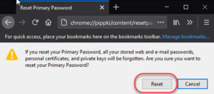 Image showing Firefox Primary Password reset warning with confirmation button.