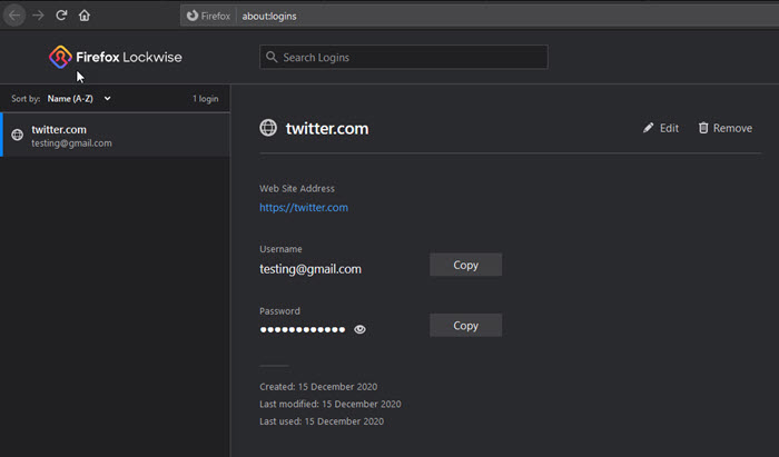 Image showing Logins window in Firefox with saved Twitter login credentials.
