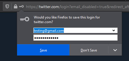 Image showing Firefox Password Manager asking to save credentials for Twitter account.