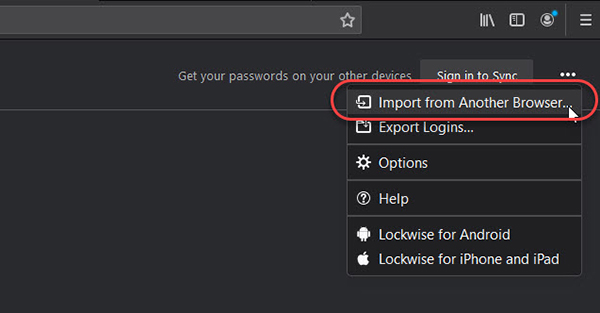 Image showing link to Import data from another browser
