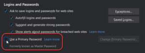 Image showing Use a Primary Password checkbox option in the Firefox browser