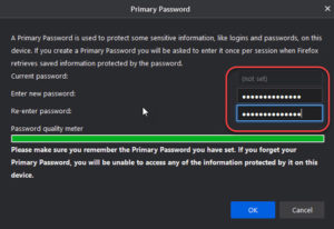 Image showing Primary Password setup form in the Firefox browser
