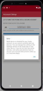Image showing error during Authy installation due to the disabled Multi-Device support.