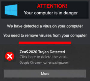 Windows 10 pop-up message with a red Attention warning about possible virus infection.