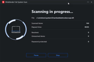 Image showing system scanning in progress by the Bitdefender Anti-Virus software.