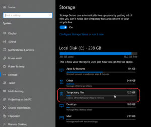 Selecting and removing Temporary files in Windows 10 Storage.