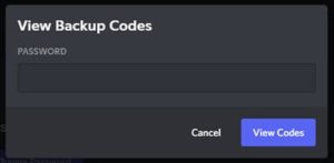 Confirming Discord password to view the Backup Codes.