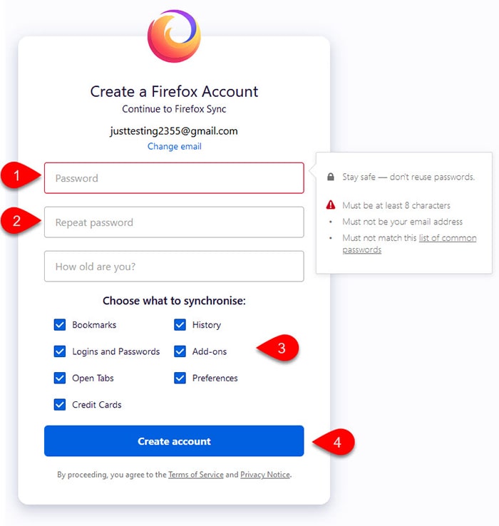 Create a Firefox Account dialog box with password fields