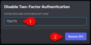 Confirmation of 2FA removal on Discord account.