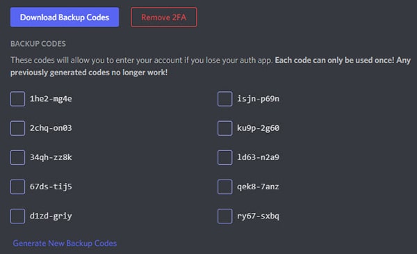 Discord Backup Codes with Download option.