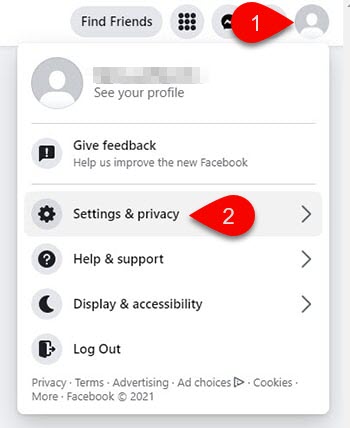Main Facebook menu with Settings and Privacy option.