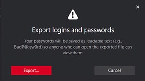 Export logins and passwords warning message stating that the Firefox passwords will be visible.