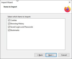 Dialog box for Firefox import wizard.