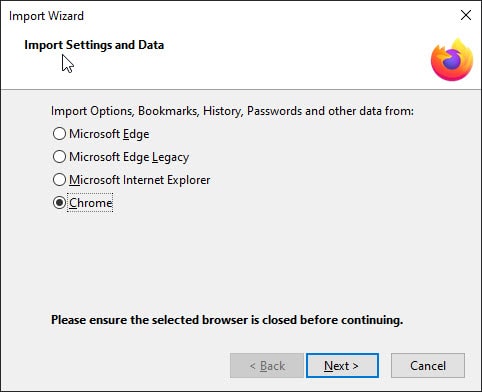 Dialog box with Firefox Import settings and data.