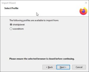 Dialog box for Import Wizard with Profile selection.