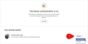 Facebook Two-Factor Authentication configuration window.