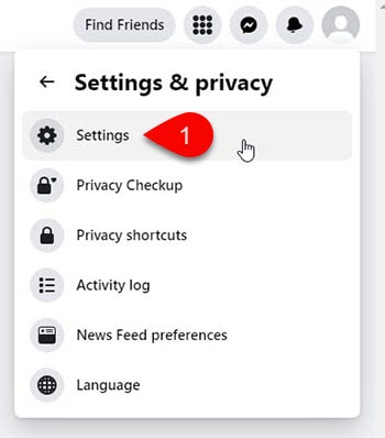 Settings options in Facebook under Settings and Privacy section.