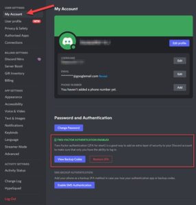 An arrow pointing at the My Account section under Discord account with a square box around View Backup Codes section.