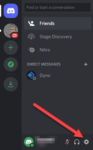 An arrow pointing at the Discord account settings icon
