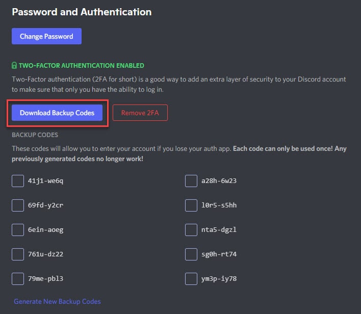Download Backup Codes button for Discord Account.