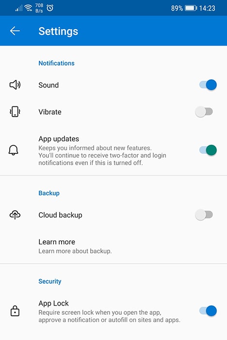 Microsoft Authenticator App Lock feature options in the settings.